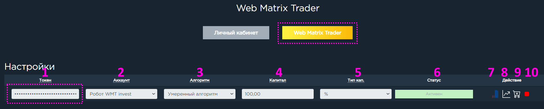 Настройки робота Web Matrix Trader