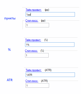 Защитные заявки (стоп и профит), 3 варианта настройки: пункты (pp), проценты (%), значение ATR